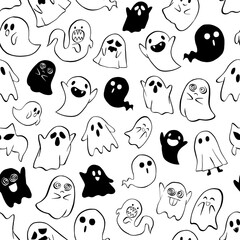 Black line Little Ghost seamless pattern. Design for paper, covers, cards, fabrics, background and any. Vector illustration about Halloween.