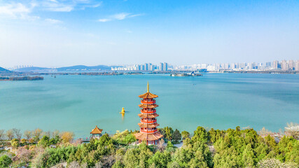 Aerial photography of Sugong Tower Scenic Area, Yunlong Lake, Xuzhou City, Jiangsu Province, China