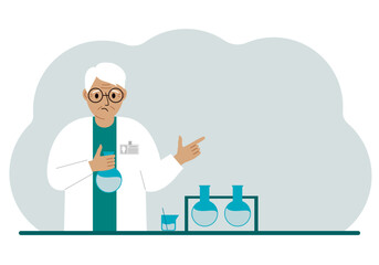 Old male scientist with flasks. Experimental scientist, laboratory assistant, biochemistry, chemical, scientific research.