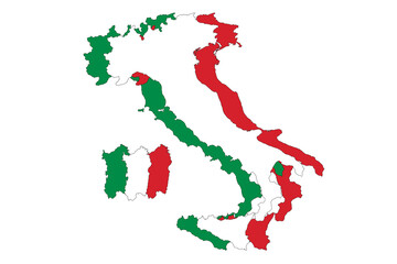 Italy,  silhouette of Italy, with the colors of the flag, graphic illustration of the nation in the correct official colors of the flag and neutral background.