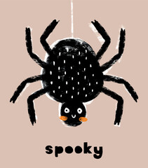Cute Hand Drawn Kawaii Style Halloween Vector Illustration with Big Black Spider and Handwritten Spooky. Funny Tarantula on a Beige Background. Cool Halloween Print ideal for Card, Poster, Wall Art.