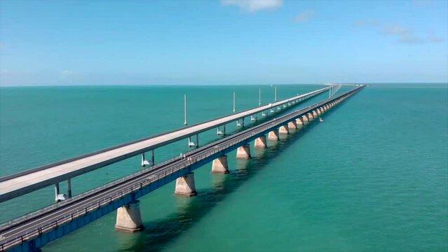 Moving right aerial drone shot of 7 Mile Bridge in Florida Keys