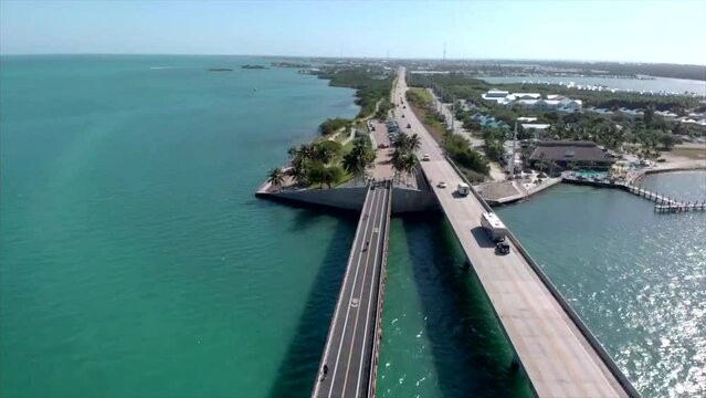 Moving aerial drone shot of 7 Mile Bridge in Florida Keys