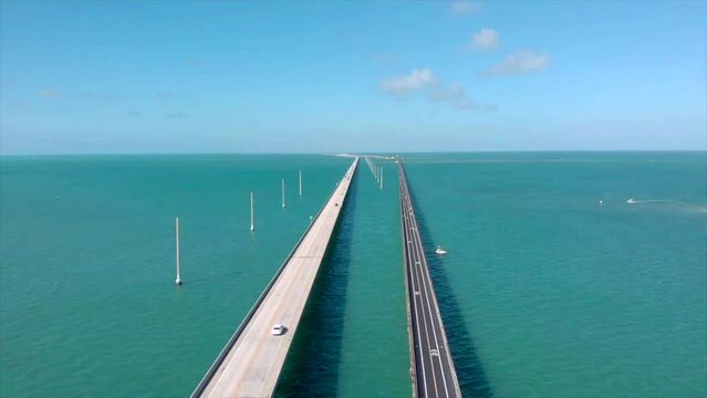 Double highway moving forward aerial drone shot of 7 Mile Bridge in Florida Keys