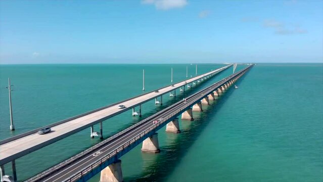 Moving forward aerial drone shot of 7 Mile Bridge in Florida Keys