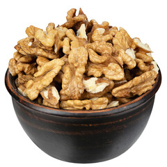 Bowl with tasty walnuts on white background. File contains clipping path.