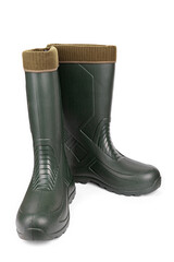 Green rubber boots with a warm toe on a white background.