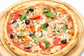 Fresh homemade Italian pizza, fast food cheese, tomato sauce, tomato and other ingredients portion on the table healthy meal snack outdoor.