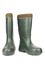 Green rubber boots with a warm toe on a white background.