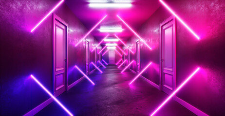 Fototapeta premium Neon light corridor fractal cyber punk wallpaper background concept. 3d rendering