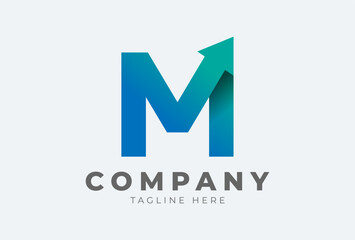 Initial M logo. letter M with arrow in gradient colour logo design inspiration, usable for brand and company logos