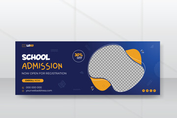 Back-to-school social media post design with a dark blue background, school admission timeline cover design, and web banner