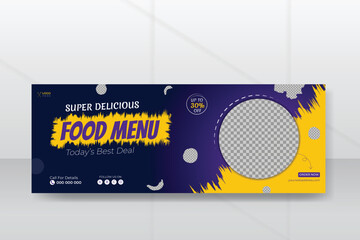 Delicious food menu social media cover design template, modern and flat restaurant business timeline cover with yellow and yellow color, social media post, web banner
