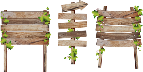 Wooden signs with green leaves decorative elements