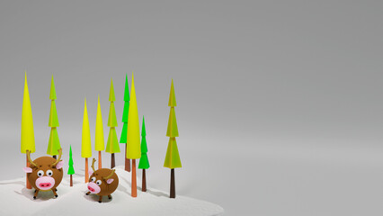 Christmas deer standing in the snow with Christmas trees. Deer near the trees on a white background. Free space for text. 3D render with deer for cards, banners and posters for Christmas and New Year.