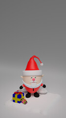 Santa Claus with gifts standing in the snow. Santa Claus on a white background. Free space for text. 3D render with Santa Claus character for designing cards, banners and posters.