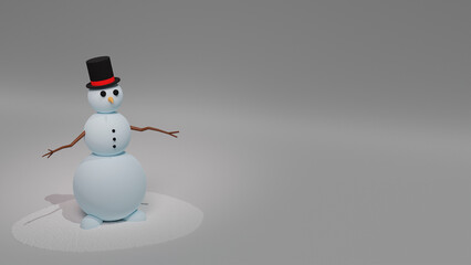 Snowman standing in the snow. Snowman on a white background. Free space for text. 3D render with Snowman character in a hat with twig-hands in a hat for designing cards, banners and posters.