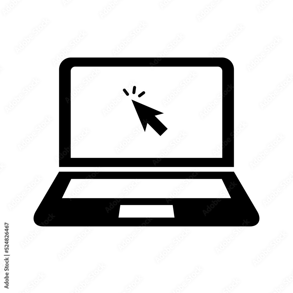 Poster laptop icon with mouse cursor clicking on screen. vector.