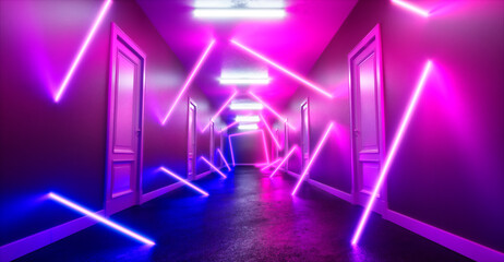 Neon light corridor fractal cyber punk wallpaper background concept. 3d rendering
