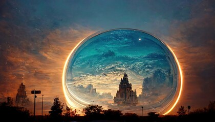 Planet Earth-type, exo-planet in outer space, alien planet in far space. fantasy landscape, galaxy, unknown planet, neon space galaxy portal.  3d illustration.