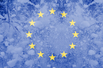 Defocus European Union flag. Energy prices. Cold winter season. Power problem. Energy crisis in...