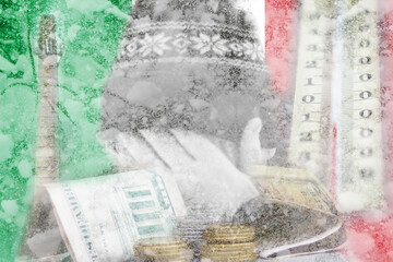 Defocus man hiding face. Increase in the cost of gas bill. Italy flag. Russia war sanctions. Economy problems. Energy crisis in Europe. Cold hard winter. Poverty sad citizen. Out of focus