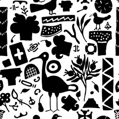 Modern folklore black seamless pattern. Hand drawn abstract contemporary illustration with birds, columns, flowers. Vector - 524827803