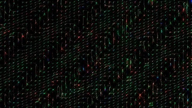 3D abstract shining bright lines set flickering light waves, with colorful dots, black background