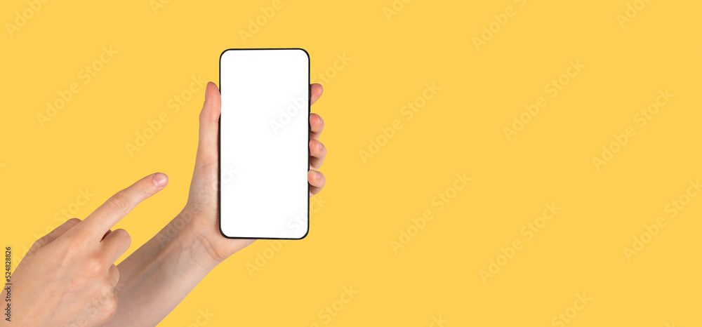 Poster Banner with forefinger pointing to phone mockup on orange background. template with empty screen. Copy space