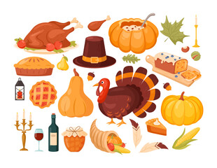 Thanksgiving icons. Vector set of autumn elements with roast turkey, cartoon pumpkin food, corn, wine, candles, pilgrim hat, pie. Happy Thanksgiving day. Harvest festival. Autumn greeting card design