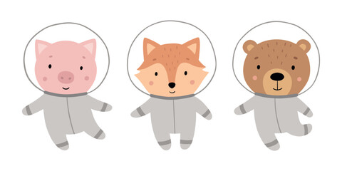 A set of cute animals in spacesuits. Funny cartoon characters in space. Hand-drawn vector illustration