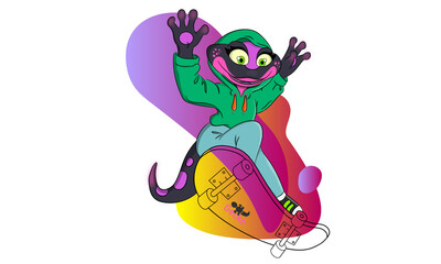 Obraz na płótnie Canvas Gecko character rides a skateboard, goes in for active sports.