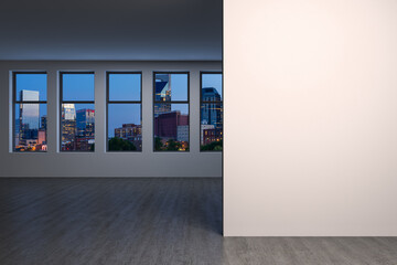 Obraz na płótnie Canvas Downtown Nashville City Skyline Buildings from High Rise Window. Beautiful Expensive Real Estate overlooking. Empty room Interior. Mockup wall. Skyscrapers Cityscape. Night. Tennessee. 3d rendering.