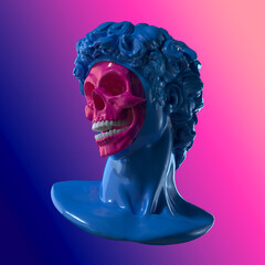 Abstract digital illustration from 3D rendering of a plastic classical blue head bust with face removed and revealing a pink shiny skull inside and isolated on background in vaporwave colors style.