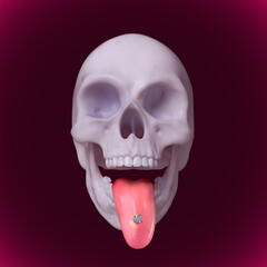 Obraz premium Abstract illustration from 3D rendering of skull sticking its tongue out with LSD acid tab on dark red background.