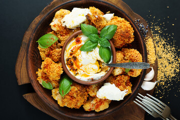 Baked cauliflower with cheese dip on a clay brown plate