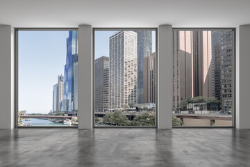 Obraz na płótnie Canvas Downtown Chicago City Skyline Buildings from Window. Beautiful Expensive Real Estate. Epmty office room Interior Skyscrapers, River walk, bridge, waterfront view. Cityscape. Day time. 3d rendering.
