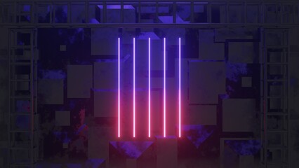 Abstract colorful neon glowing light background. Speed light illuminated. Florescent on the dark scene. Curvy moving line shape. 3D render.