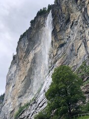 Beautiful Staubbach Falls, Lauterbrunnen valley, Swiss Alps, Switzerland, summer 2022. Most beautiful Swiss landscape photos and top Switzerland tourist places. Alpine scenery