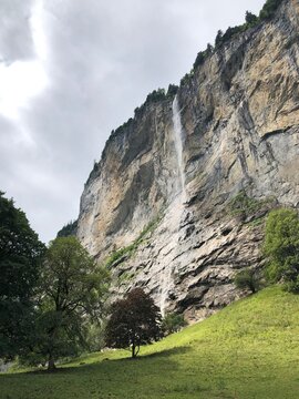 Stunning Staubbach Falls, Lauterbrunnen valley, Swiss Alps, Switzerland, summer 2022. Best Swiss landscape photos and popular Switzerland tourist places. Alpine scenery