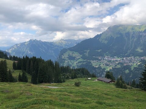 Alpine view near Murren, Swiss Alps, Switzerland, summer 2022. Most beautiful Swiss landscape photos and top Switzerland tourist places. Alpine scenery
