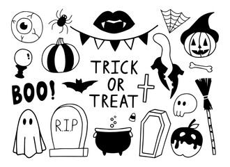Scary Halloween doodle set with different elements