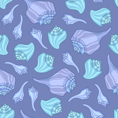 Vector pattern of seashells in cartoon style in blue tones