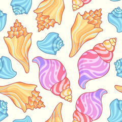 Vector bright colorful pattern of seashells in cartoon style