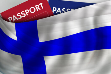 Obraz premium Finnish flag background and passport of Finland. Citizenship, official legal immigration, visa, business and travel concept.