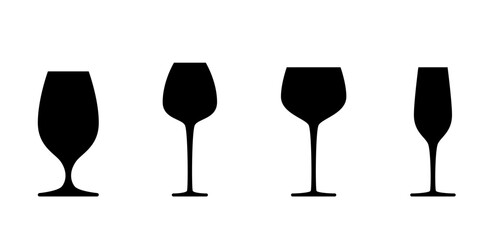 A set of glass icons. Vector illustration. A glass for water, red wine, white wine, champagne. Black silhouettes isolated on a white background.