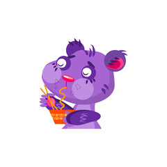 Bear eating noodles. Character design. Can be used for branding, graphic design, product for children, stickers for social network. Isolated vector  illustration on white background.