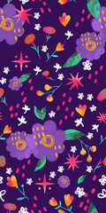Seamless colorful pattern with abstract whimsical flowers. Сan be used for fabric printing, phone cases, personal design, wrapping paper, create your own unique design.