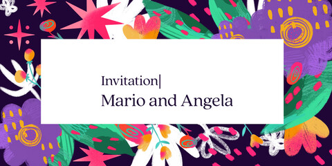 Decorative  template for invitation with abstract whimsical flowers in background. Wedding invitation