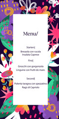 Decorative  template for menu with abstract whimsical flowers in background.  